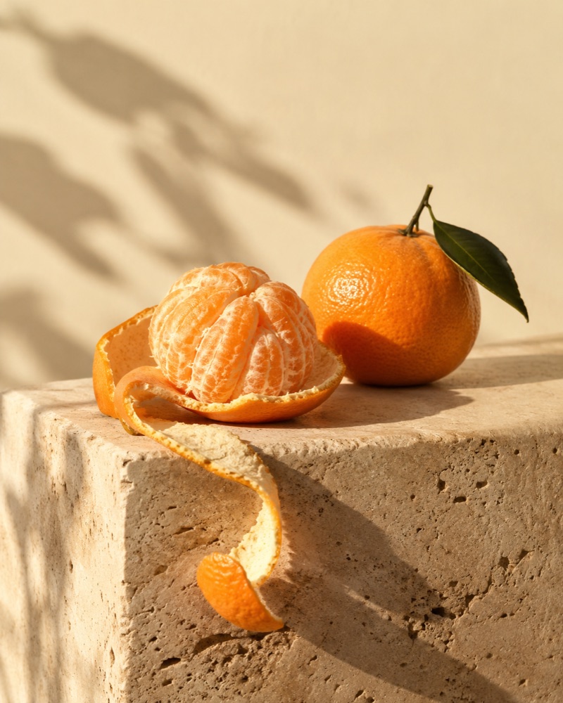 An orange on a sunlit stone plinth